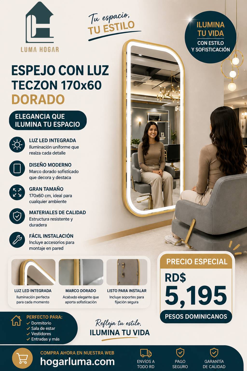 Espejo Dorado Con Luz 170cmx60cm