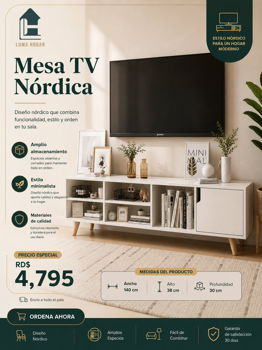 Mesa TV Nórdica (140x30x38cm)